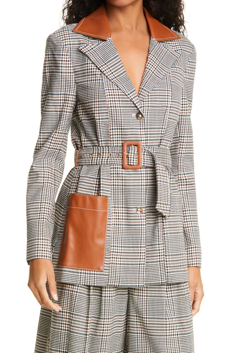 STAUD Paprika Glen Plaid Belted Jacket with Faux Leather Trim, Main, color, 