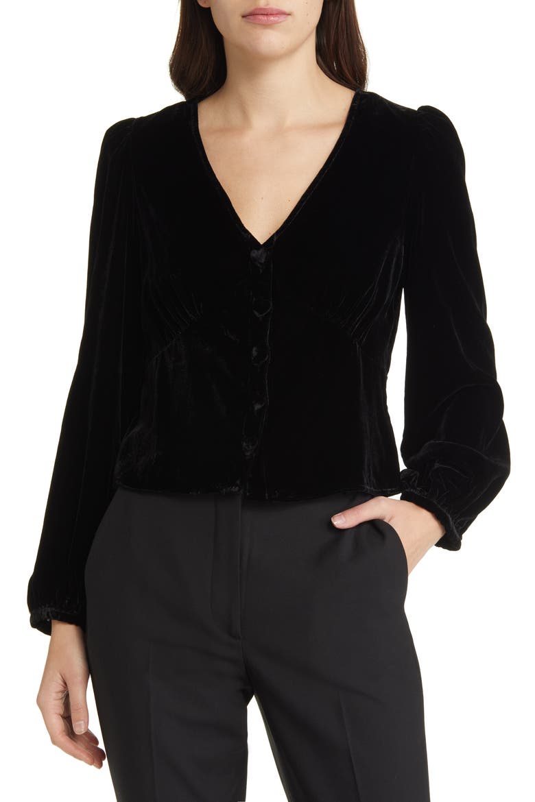 Velvet Button-Up Blouse, Main, color, BLACK