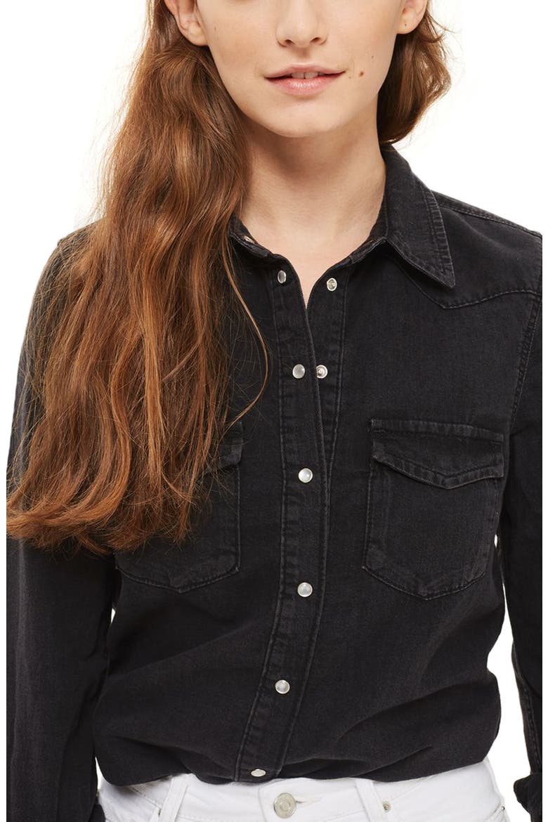 Gigi Fitted Denim Western Shirt, Main, color, WASHED BLACK