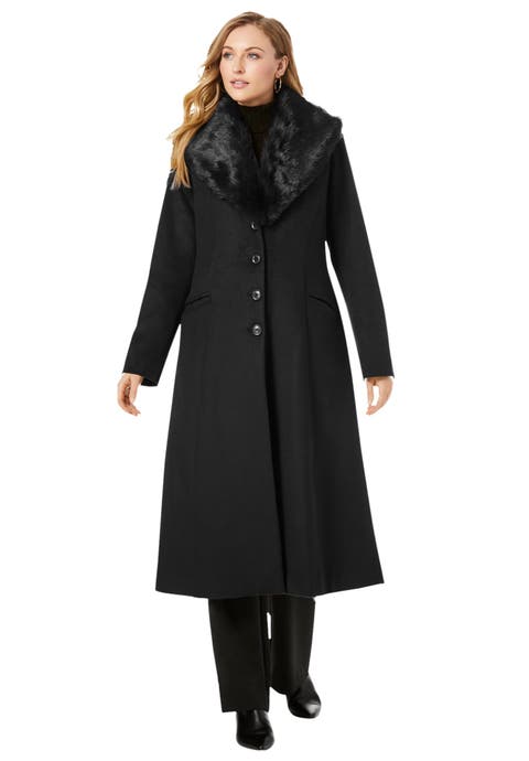 Long Wool-Blend Coat with Faux Fur Collar (Plus Available)