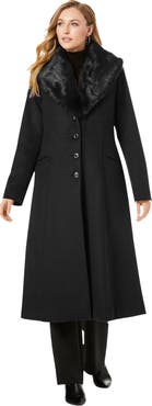 Jessica London Long Wool-Blend Coat With Faux Fur Collar