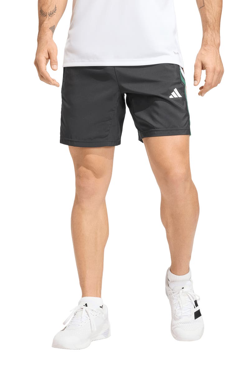 Workout Essentials Base 3-Stripe Shorts, Main, color, BLACK/DARK GREEN/WHITE/SCARLET