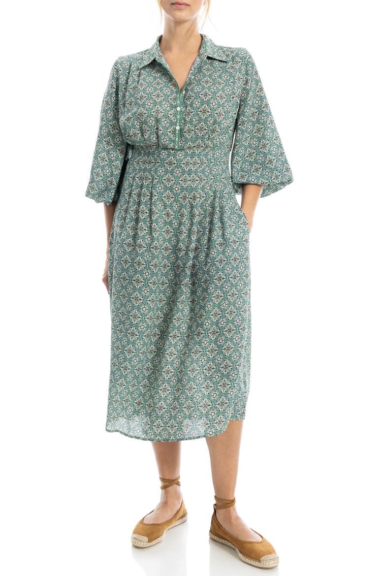 Balloon Sleeve Midi Shirtdress, Alternate, color, GREEN/ CREAM