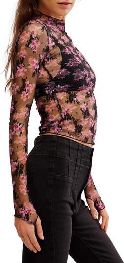 Printed Lady Sheer Embroidered Long Sleeve Top