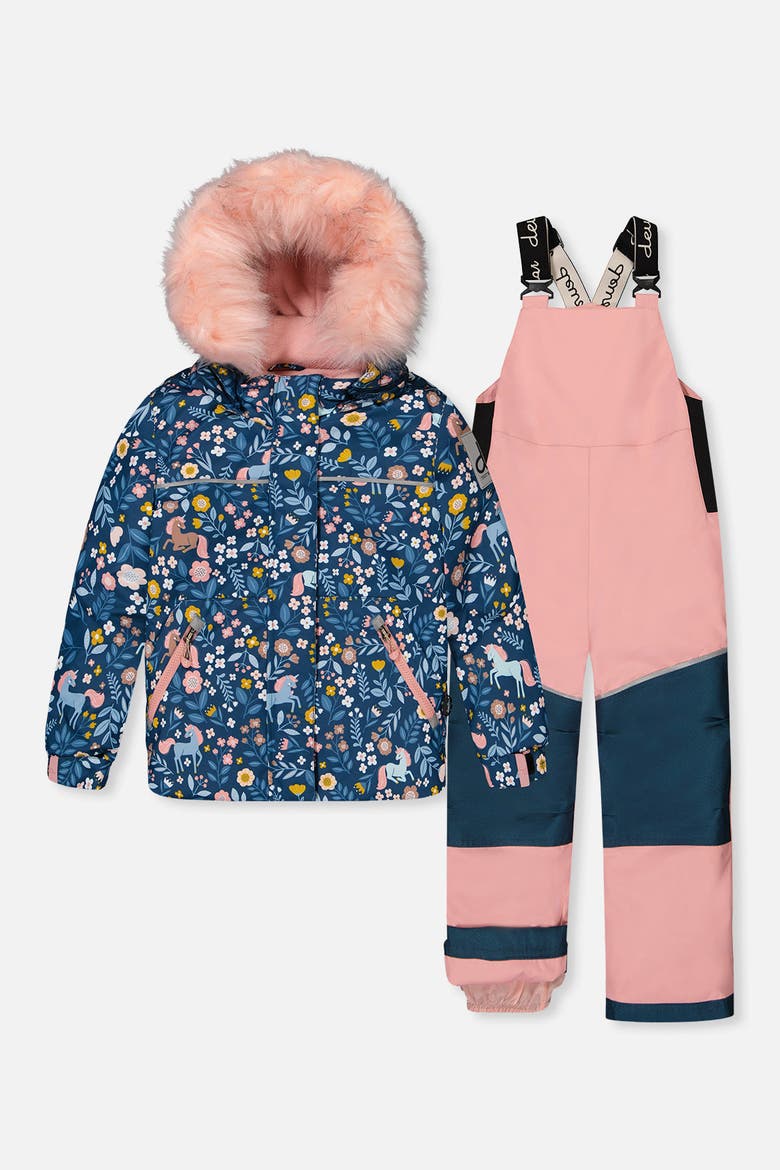 Discover Unicorn Faux Fur Hood Jacket & Suspender Pants Two Piece Snowsuit, Main, color, Blue and Pink Unicorn Print