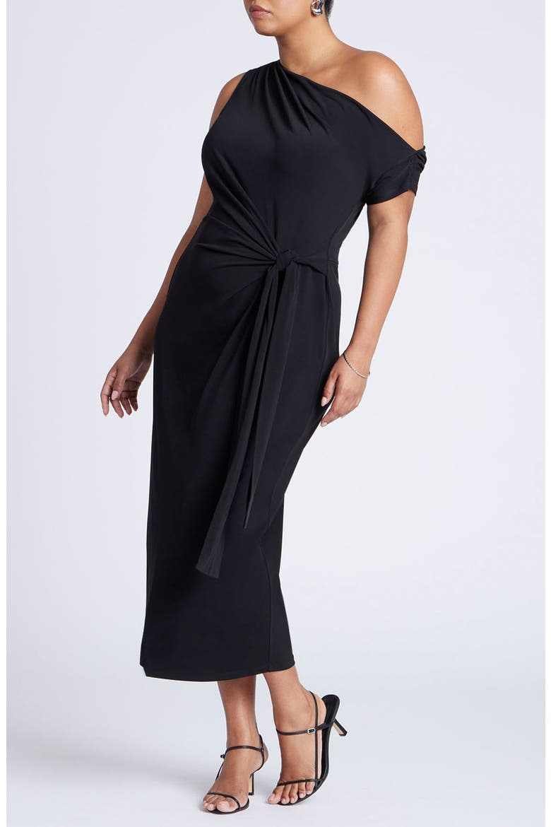 Off The Shoulder Tie Front Midi Dress, Main, color, BLACK ONYX