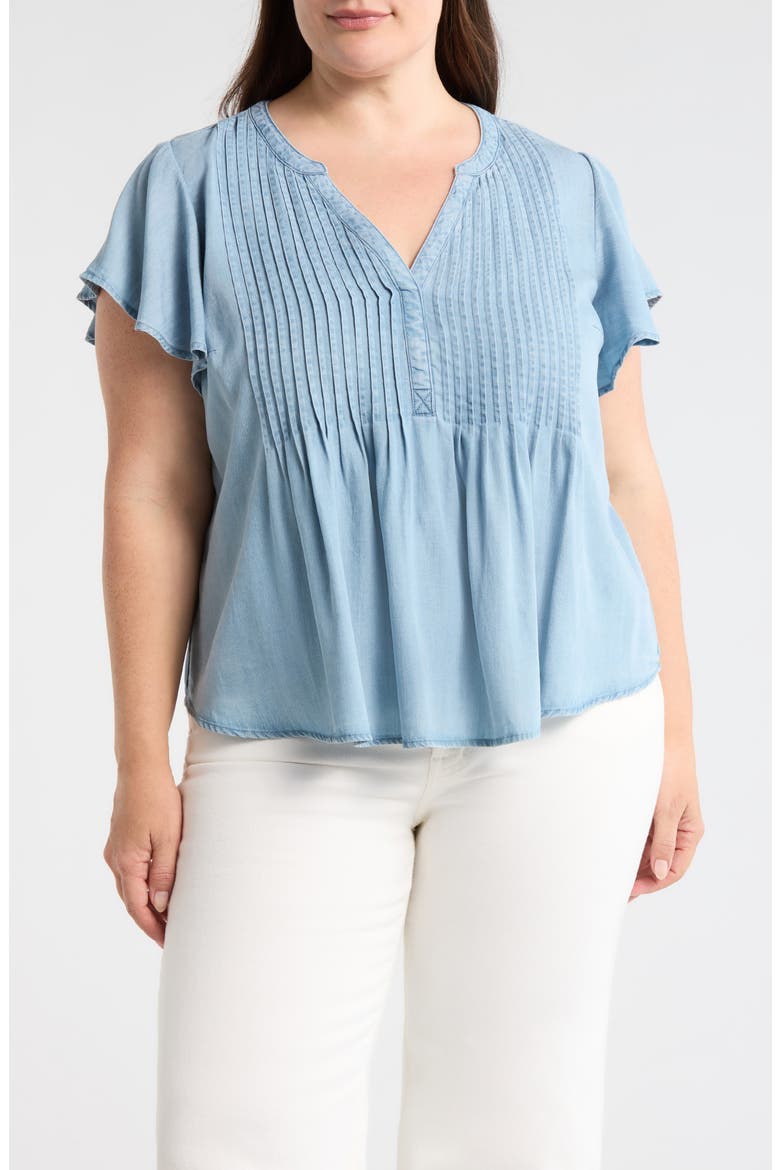 Pintuck Pleat Flutter Sleeve Chambray Top, Main, color, MALIBU LIGHT