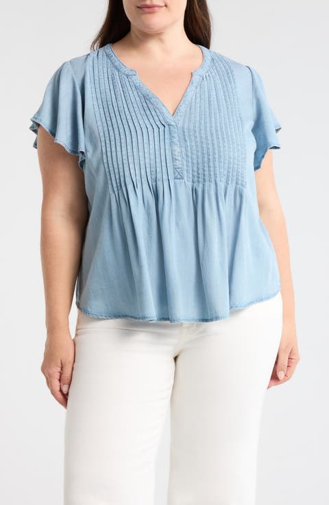 Pintuck Pleat Flutter Sleeve Chambray Top (Plus)