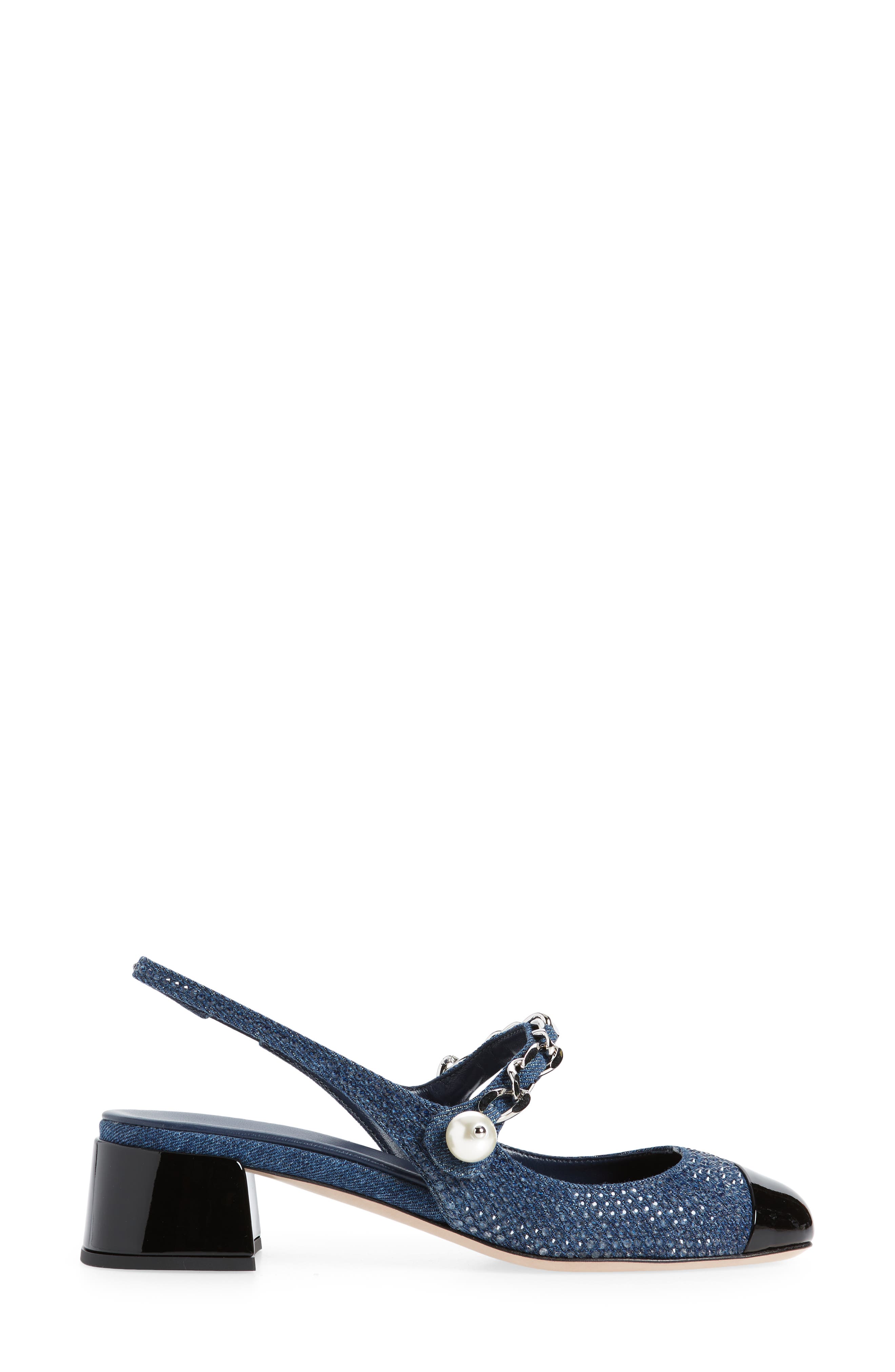 Chain Crystal Embellished Slingback Cap Toe Pump, Alternate, color, DENIM/ BLACK
