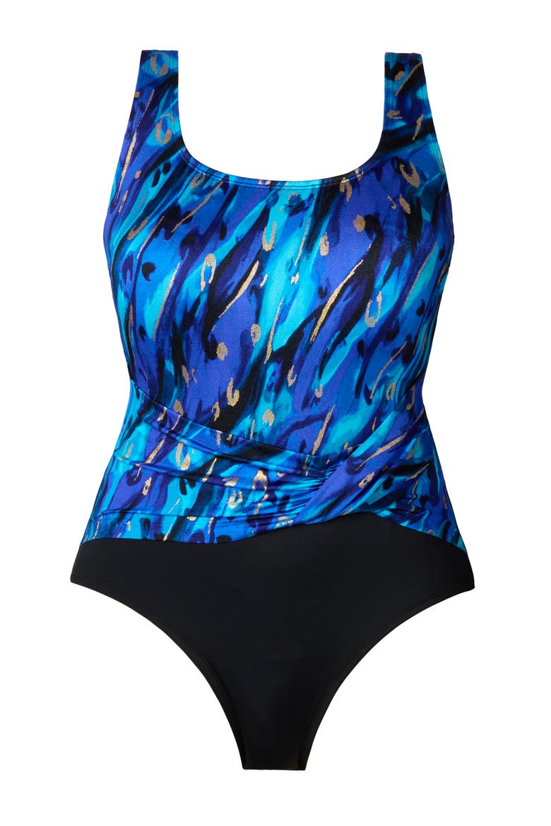 Twist Pull Sash Tank Long Torso One-Piece Swimsuit, Alternate, color, Gilded Panthera