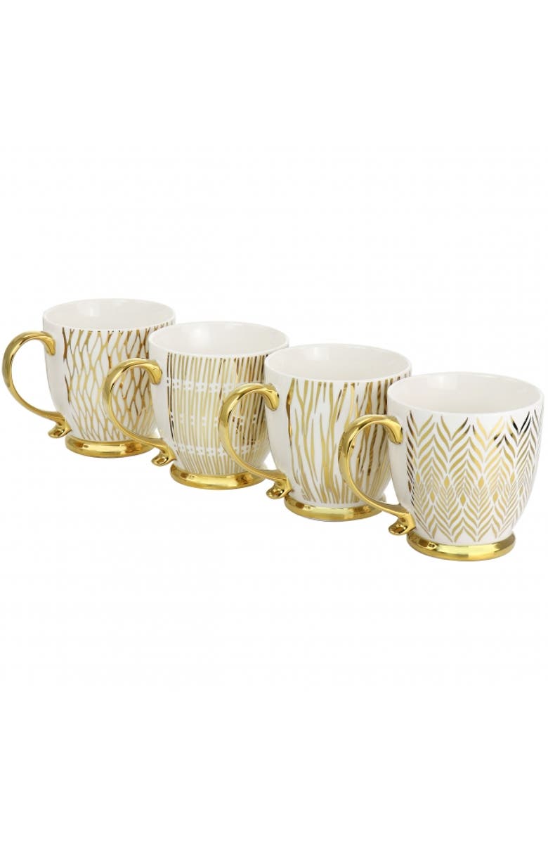 Gibson Home Gold Finch 4 Piece 16.7oz Electroplated Fine Ceramic Mug Set, Main, color, White