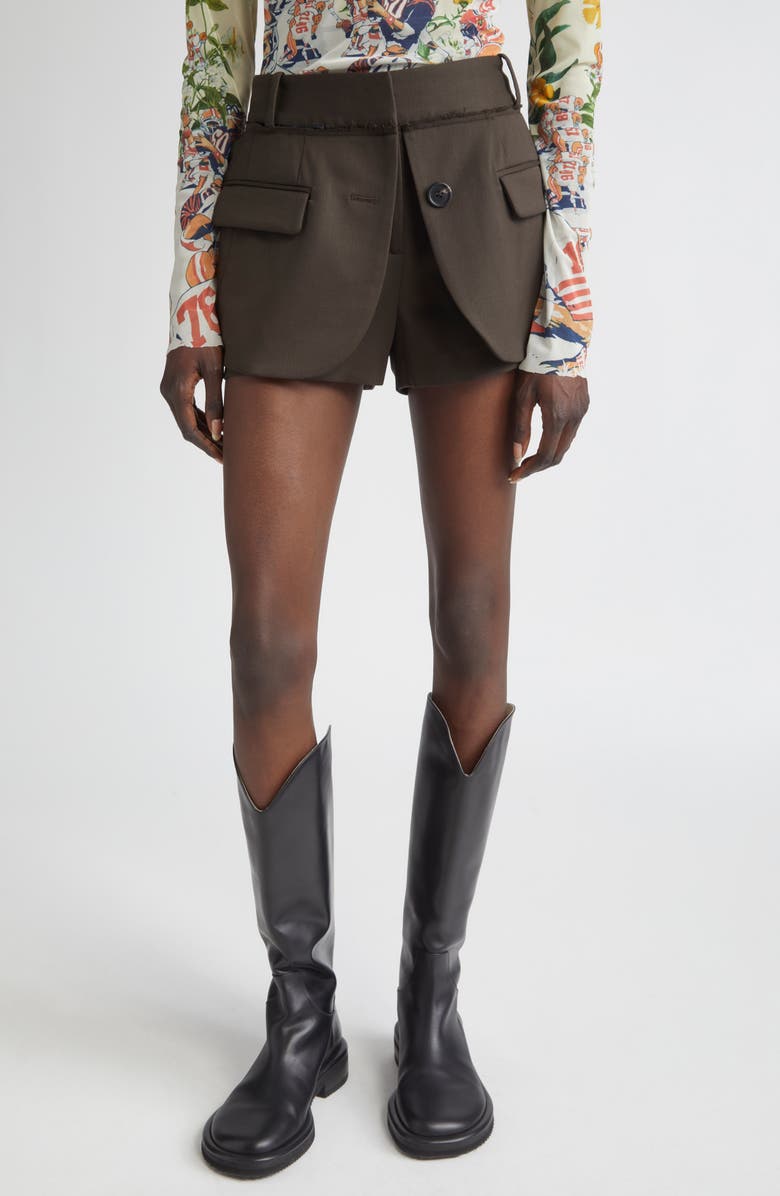 MONSE Jacket Hem Stretch Virgin Wool Shorts, Main, color, Olive Brown