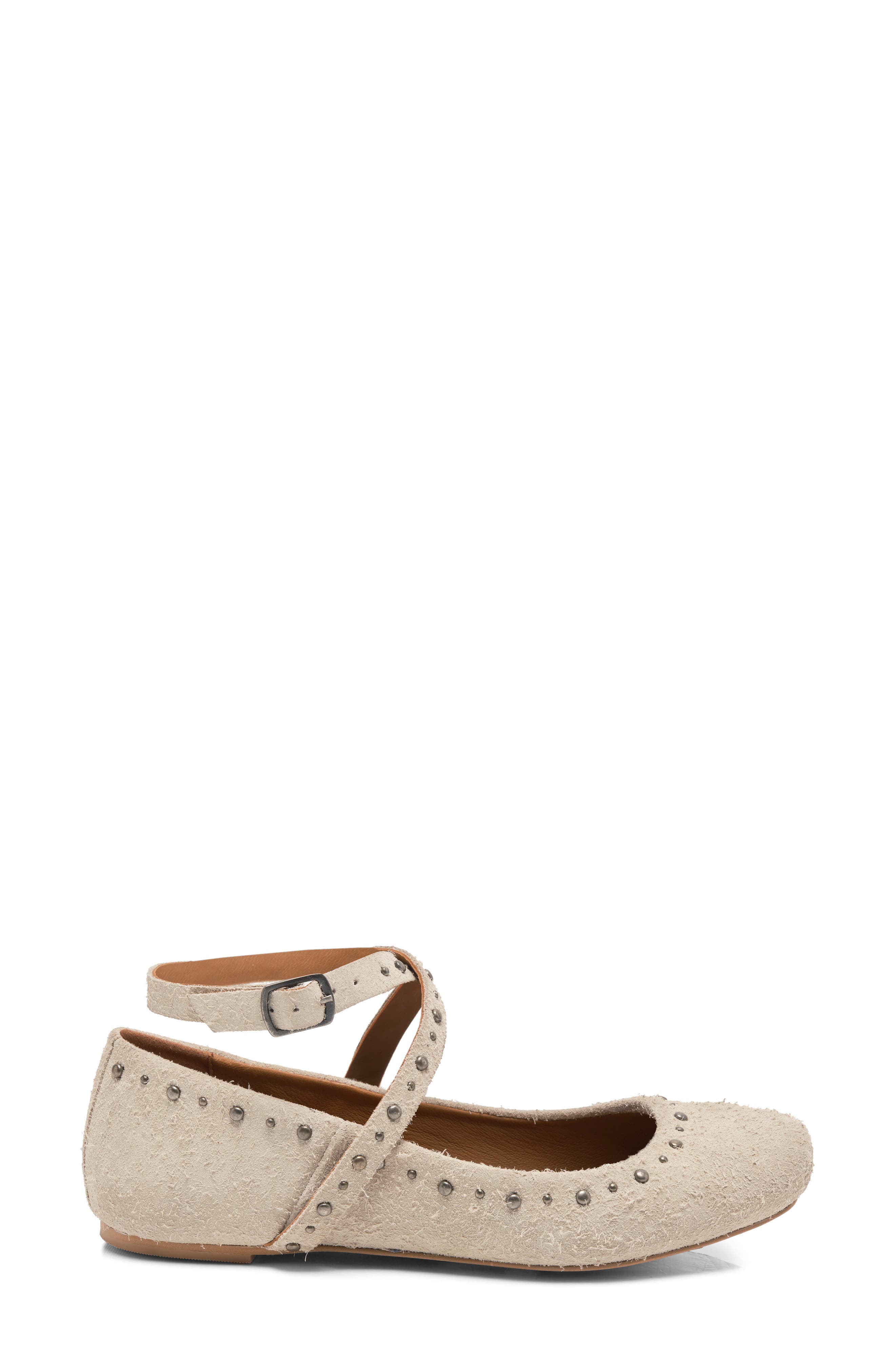 Grace Ankle Strap Ballet Flat, Alternate, color, SAND HAIRY SUEDE