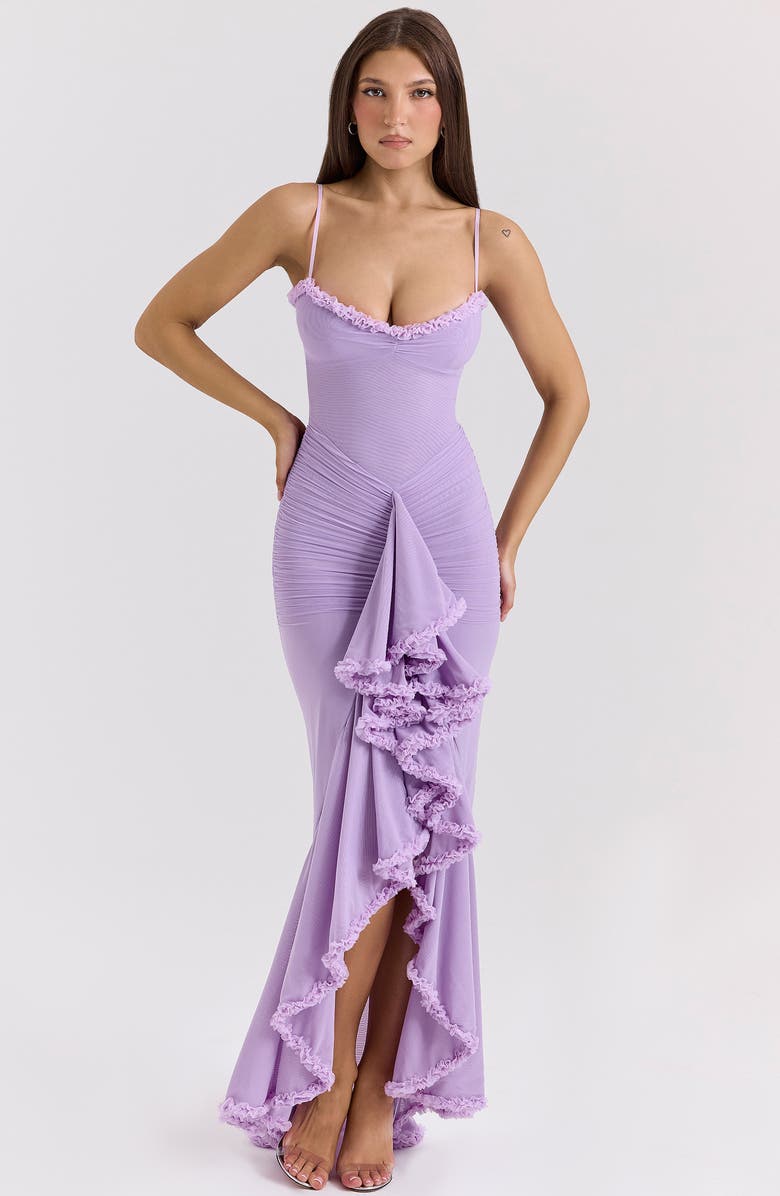 HOUSE OF CB Gabbi Ruffle Mesh High-Low Cocktail Dress, Alternate, color, Sheer Lilac
