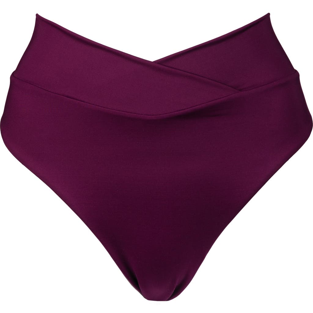Kitty And Vibe High Hip Crossover Bikini Bottom With Full Coverage In Sangria