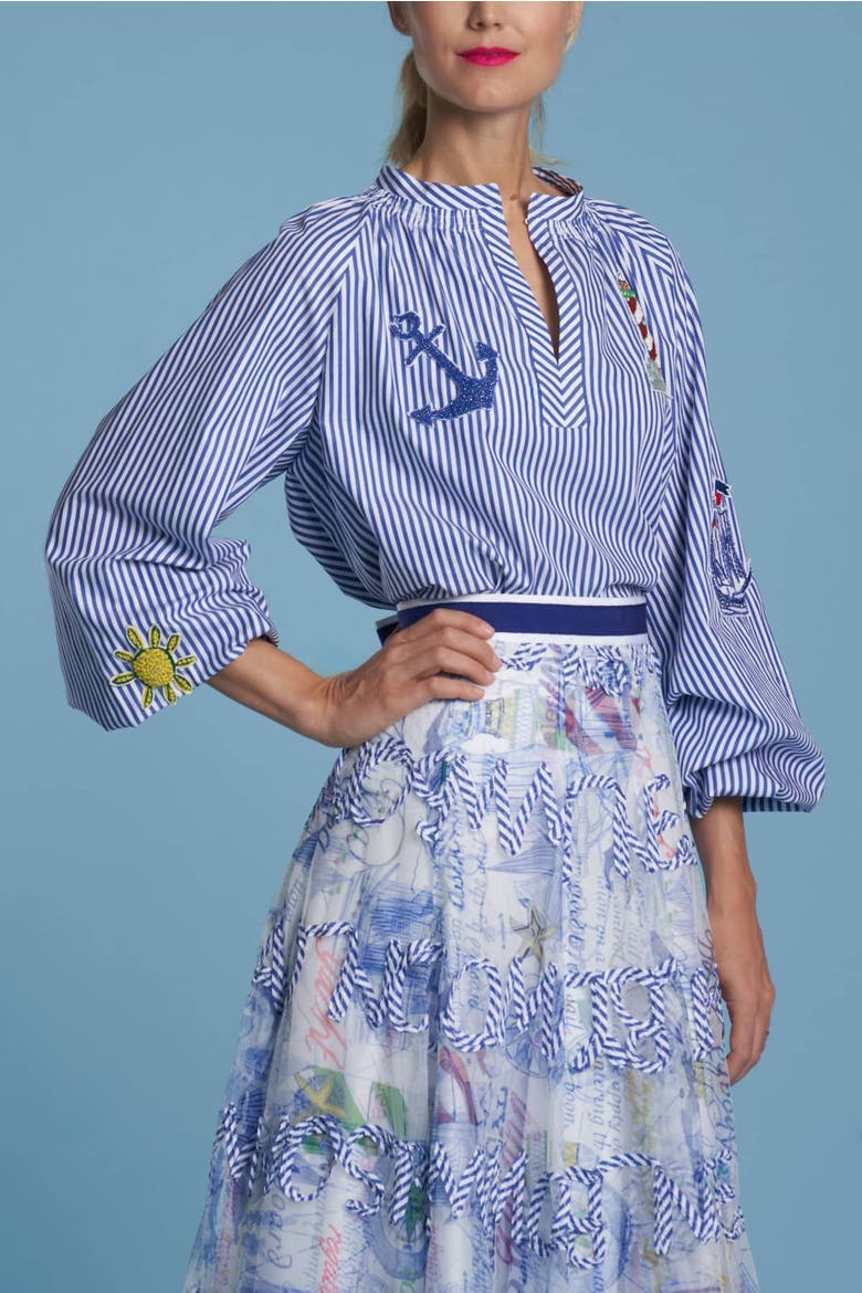 Striped Blouse With Patches, Alternate, color, Blue White