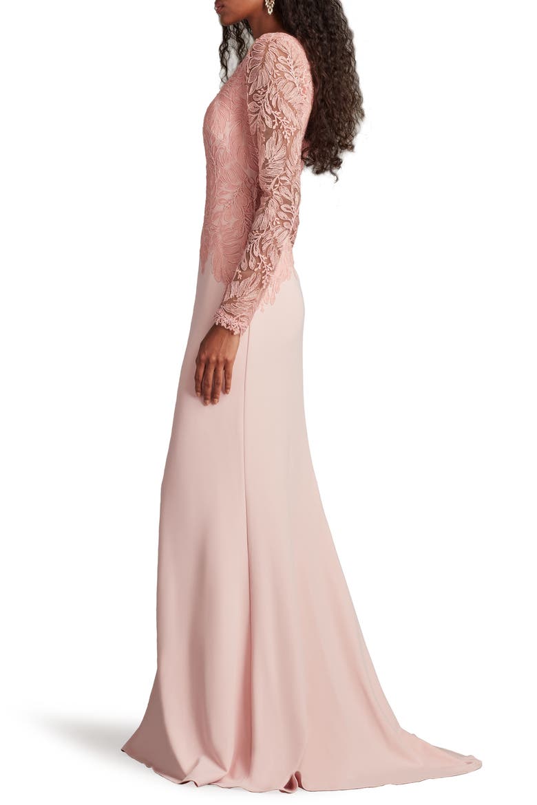 Embroidered Leaf Print Long Sleeve Gown, Alternate, color, ADOBE BLUSH