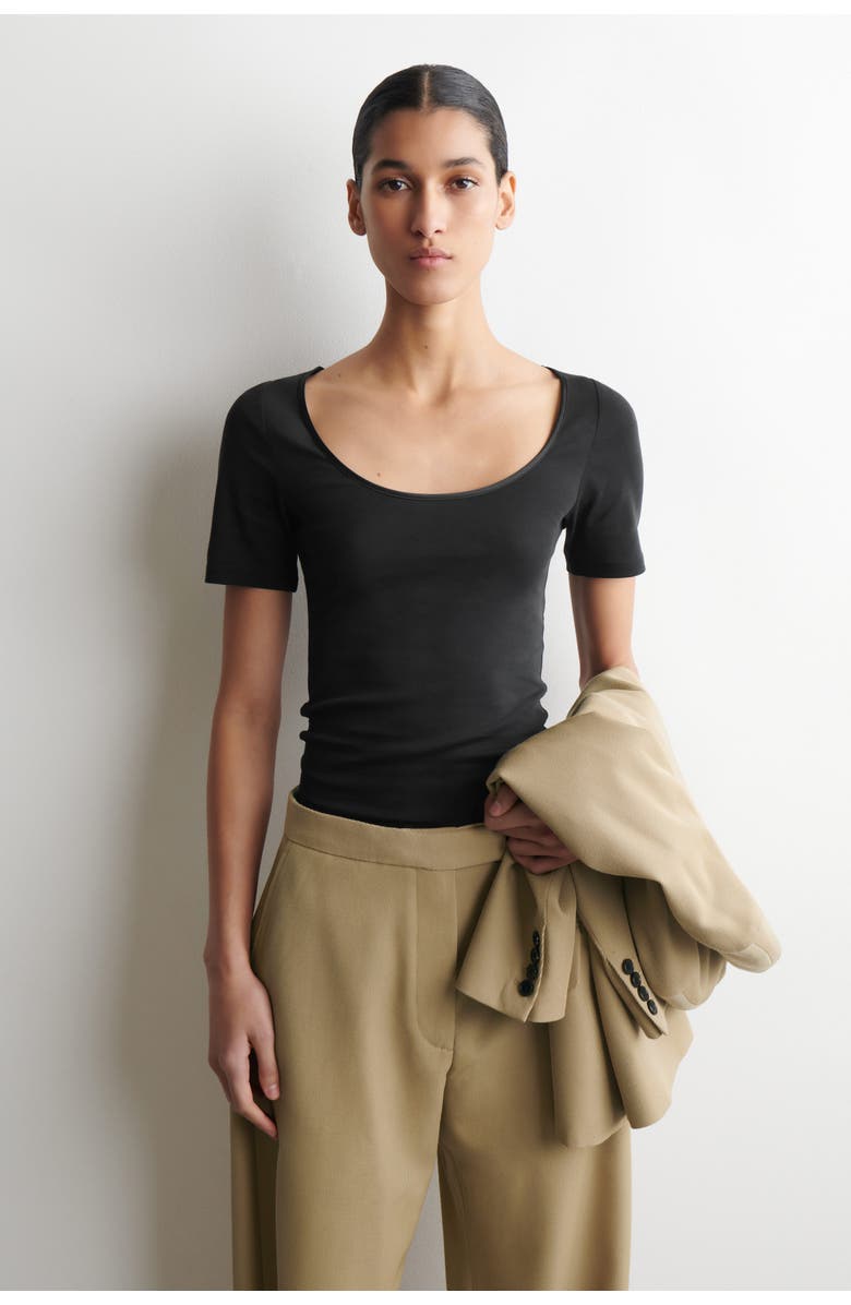 COS Satin-Trimmed Cotton-Jersey T-Shirt, Main, color, Black