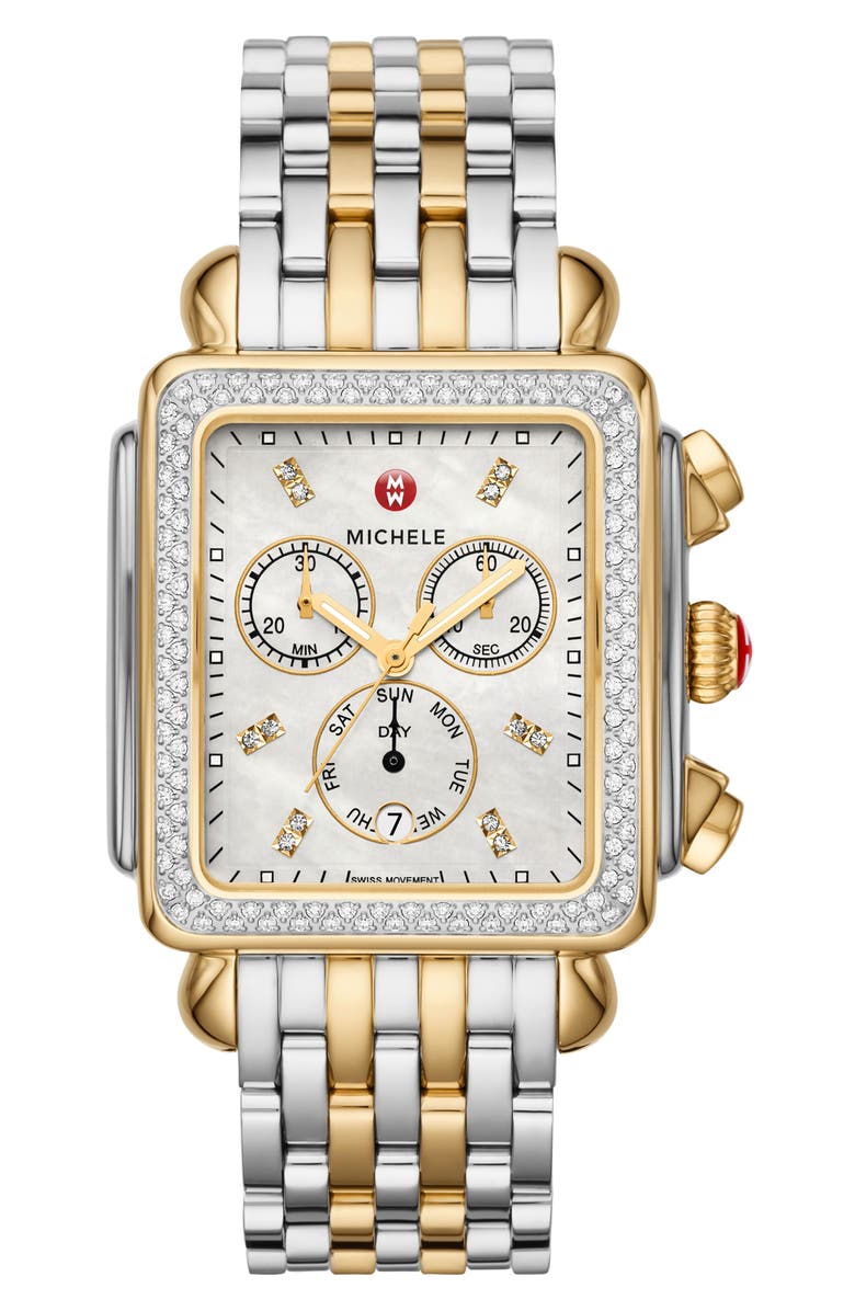 MICHELE Deco XL Pavé Diamond Chronograph Watch Head & Bracelet, 33mm, Main, color, 