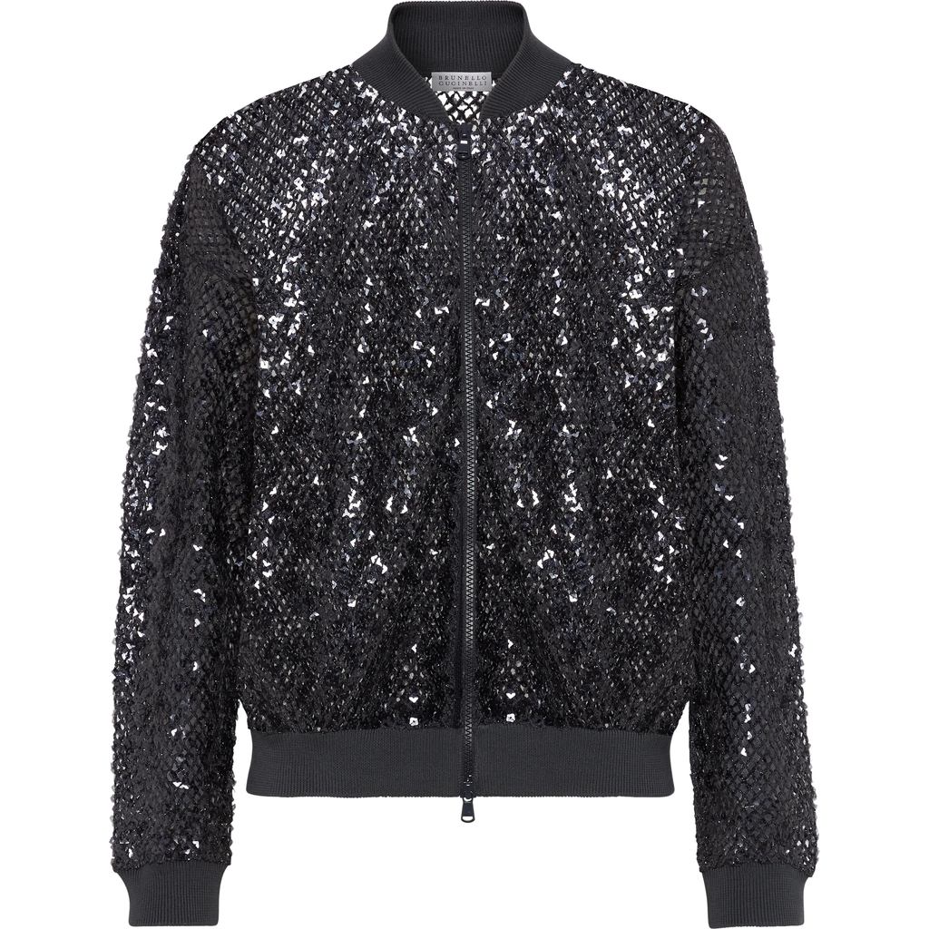 Brunello Cucinelli Dazzling Net Embroidery Cardigan In Navy Blue