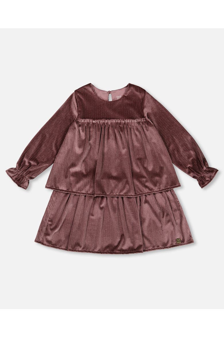 Little Girl's Long Sleeve Metallic Dress With Frills Burgundy, Main, color, Prune