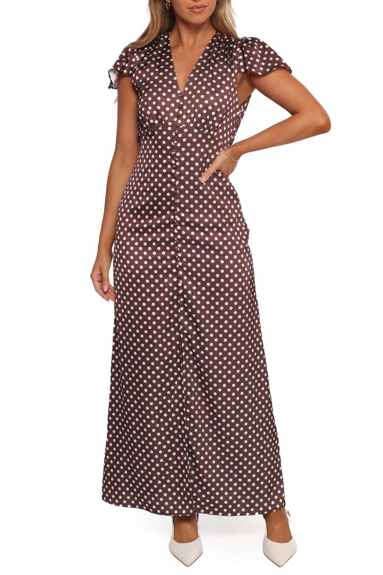 Dean Polka Dot Satin Maxi Dress, Main, color, BROWN POLKA DOT