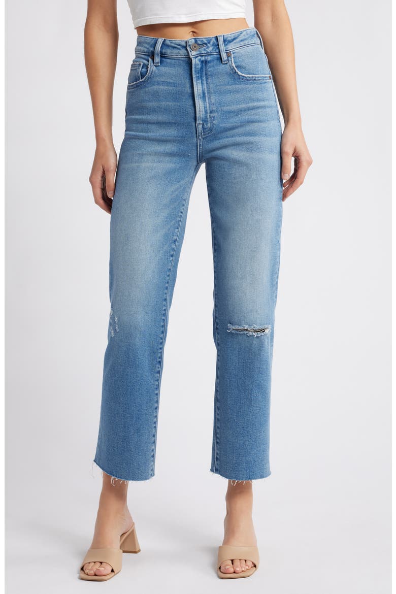 Ripped Raw Hem High Waist Ankle Straight Leg Jeans, Main, color, MEDIUM WASH