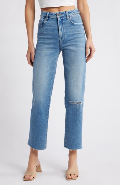 Ripped Raw Hem High Waist Ankle Straight Leg Jeans