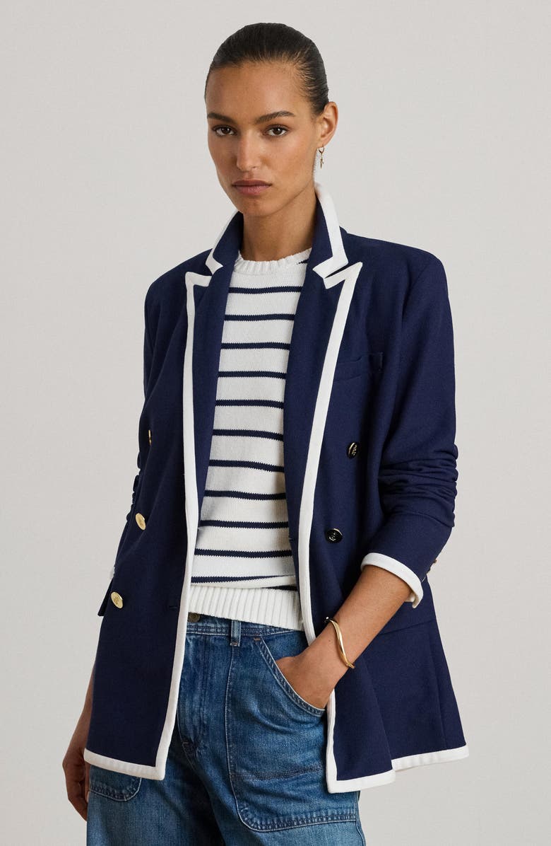Lauren Ralph Lauren Tahir Double Breasted Piqué Knit Blazer, Alternate, color, Refined Navy Blue