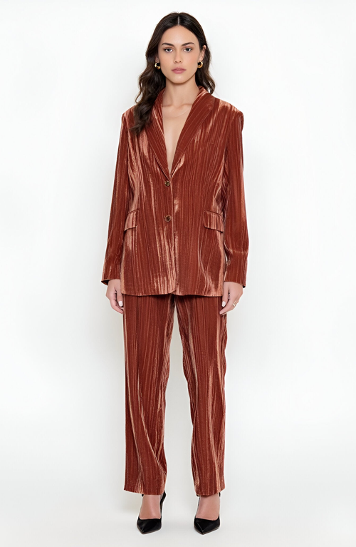 Modenaire Velvet Single-breasted Blazer With Shawl Collar And Flap Pockets In Brown