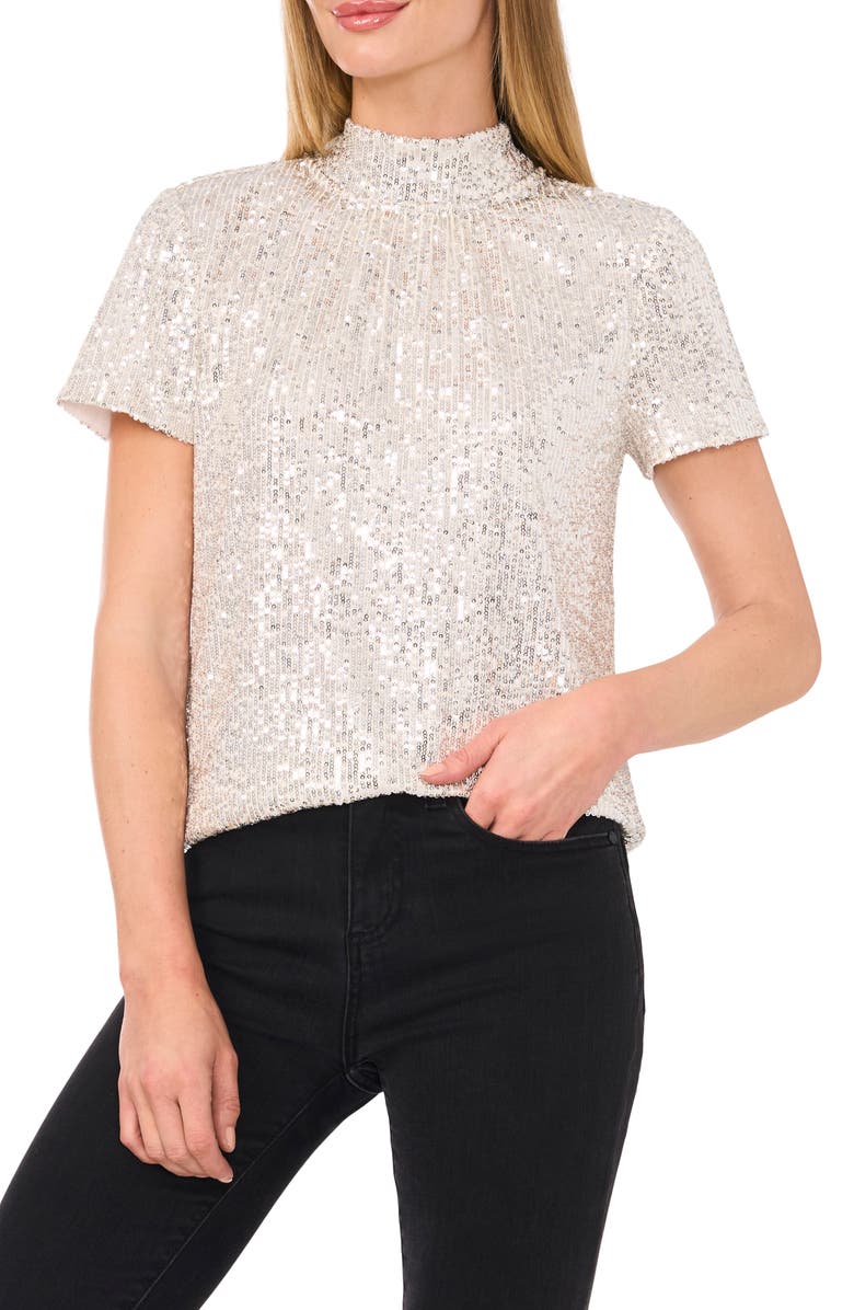 CeCe Sequin Mock Neck Top, Main, color, Champagne