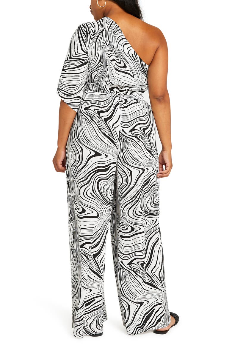 River Island Black Marble Print One-Shoulder Jumpsuit, Alternate, color,