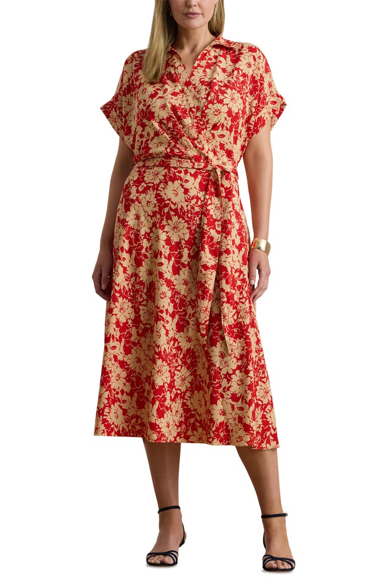 Floral Tie Waist Midi Dress, Main, color, RED/ BEIGE