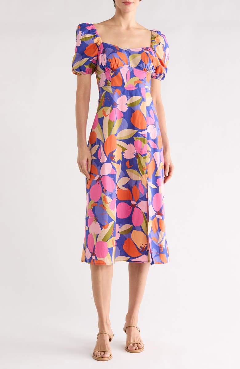 Vince Camuto Floral Puff Sleeve A-Line Midi Dress, Main, color, Blue Multi