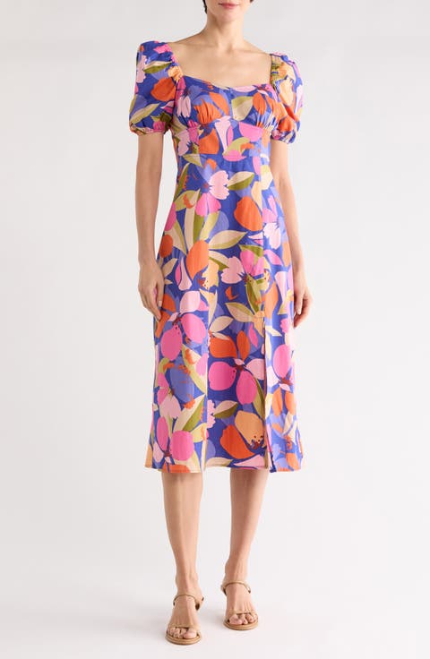 Floral Puff Sleeve A-Line Midi Dress