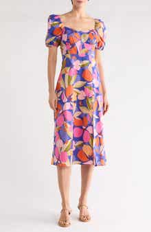 Vince Camuto Floral Puff Sleeve A-Line Midi Dress