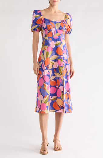 Vince Camuto Floral Puff Sleeve A-Line Midi Dress