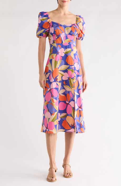Vince Camuto Floral Puff Sleeve A-Line Midi Dress