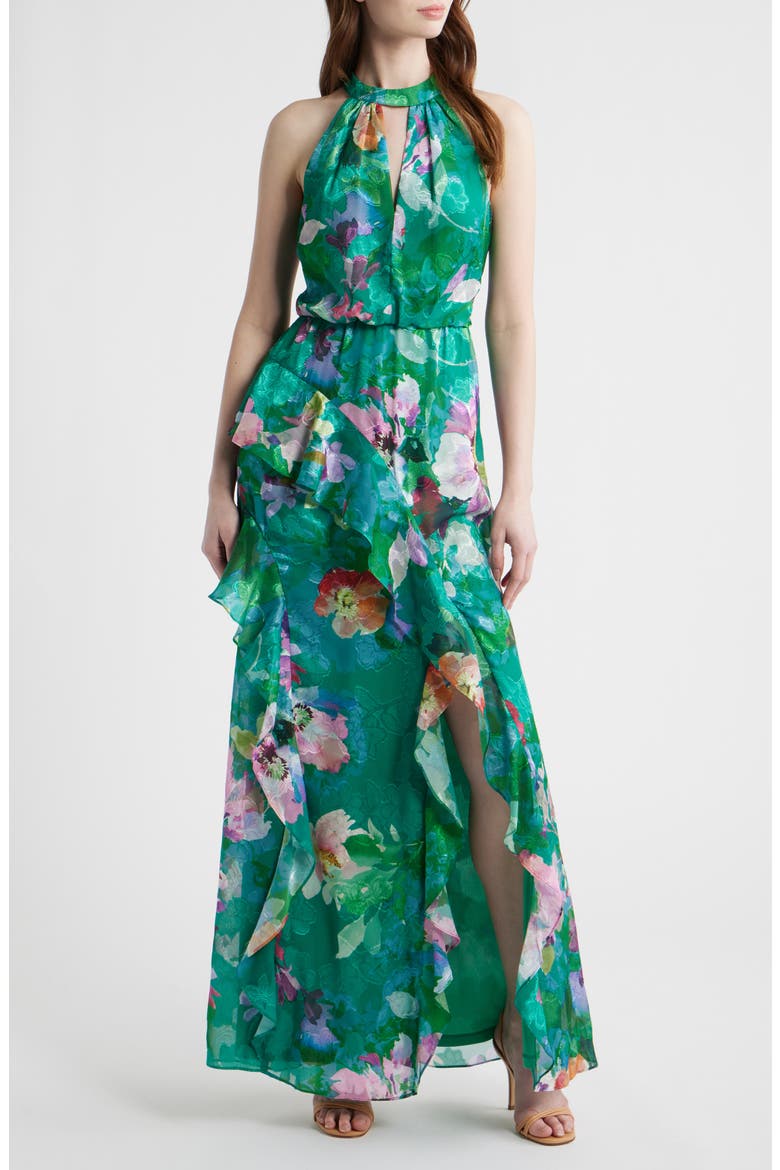 Ruffle Floral Evening Gown, Main, color, GREEN MULTI
