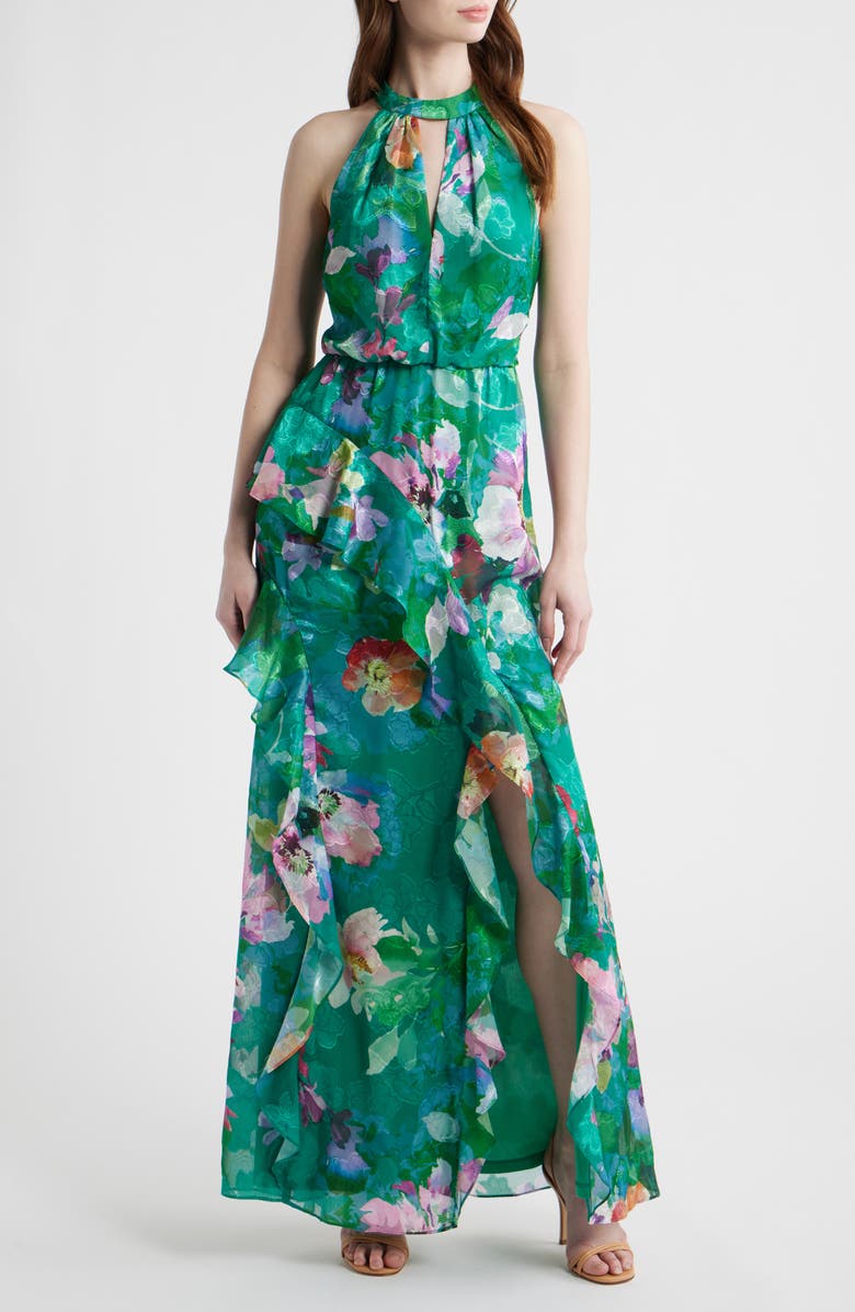 Adrianna Papell Ruffle Floral Evening Gown, Main, color, Green Multi