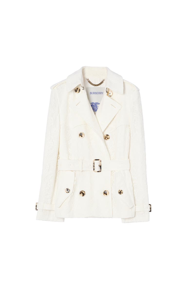 Burberry Short Paisley Lace Foxfield Trench Coat, Alternate, color, Chalk White