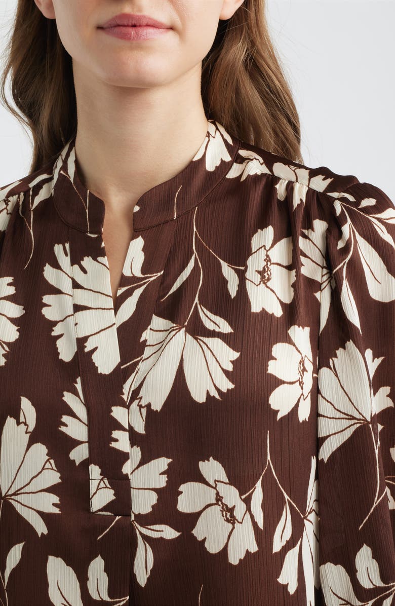 Anne Klein Floral Split Neck Top, Alternate, color, Dark Chocolate/ White