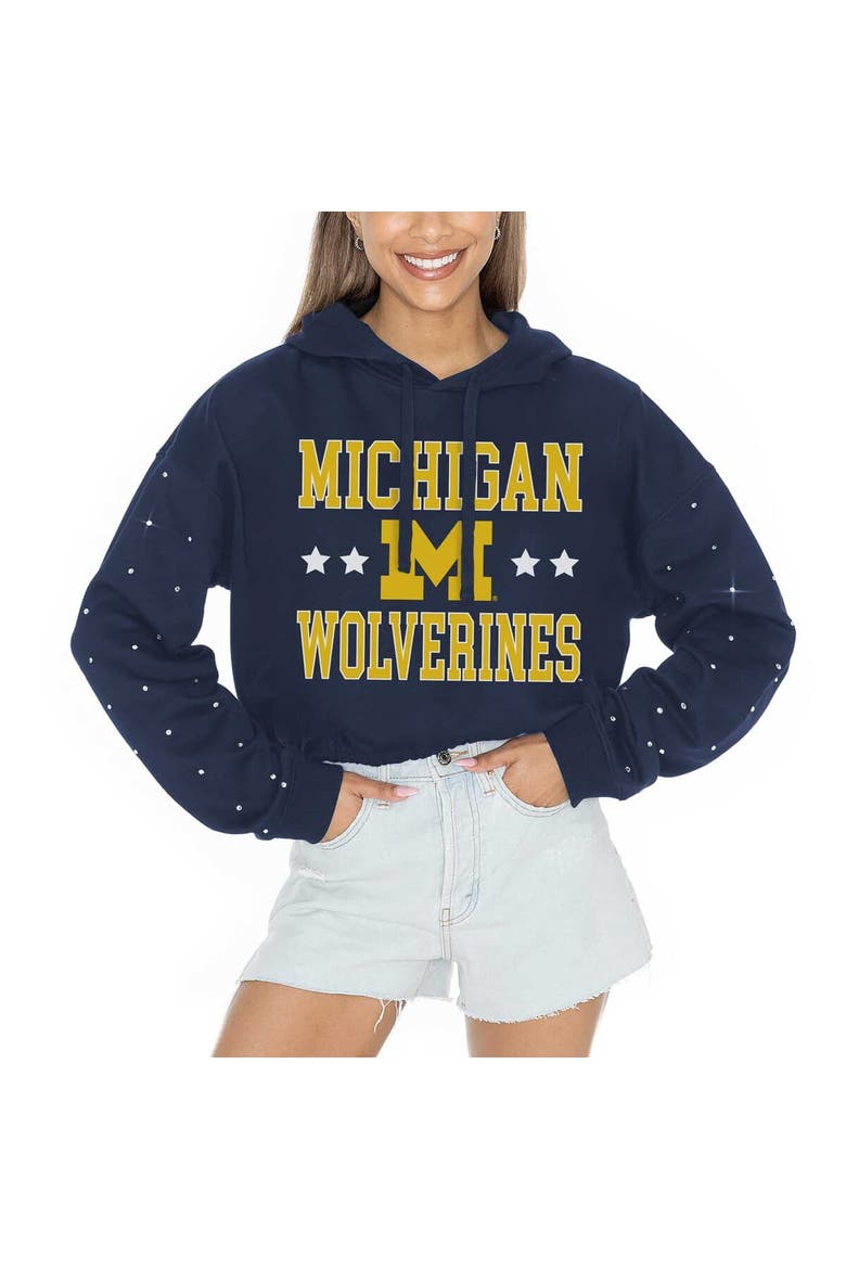 Women's Gameday Couture Navy Michigan Wolverines Can't Lose Rhinestone Cropped Pullover Hoodie, Alternate, color, Navy