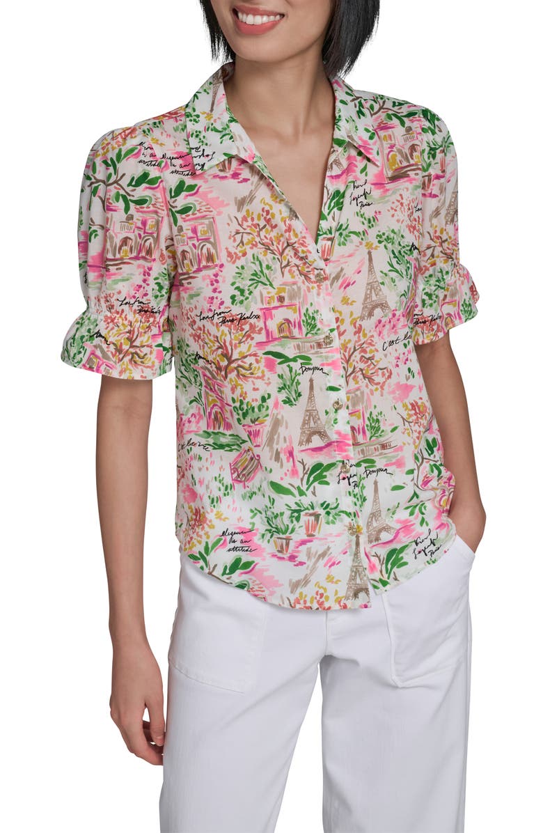 KARL LAGERFELD PARIS Print Puff Sleeve Shirt, Main, color, Soft White/ Pink Carnation