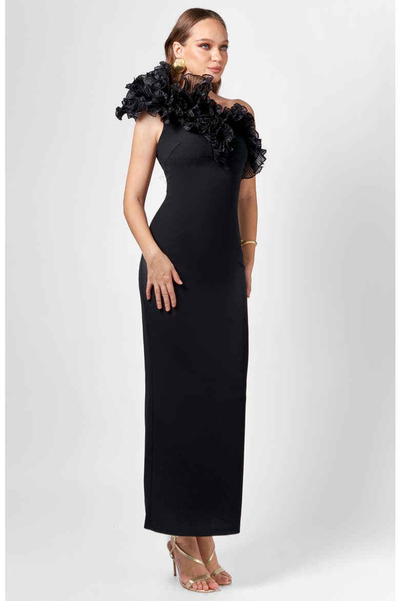 Elena One Shoulder Ruffle Midaxi, Alternate, color, BLACK