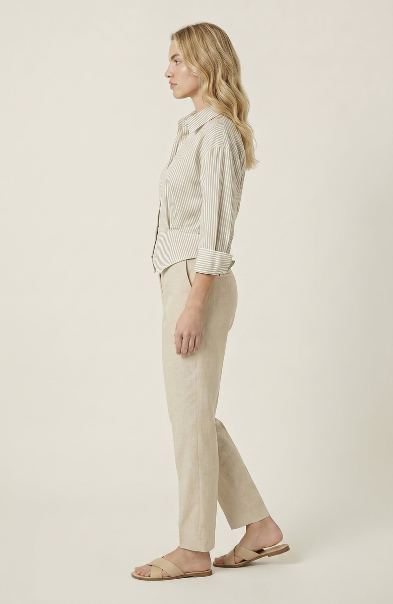 Modenaire Striped Button Down Tailored Waist Shirt, Alternate, color, Beige / White Stripe
