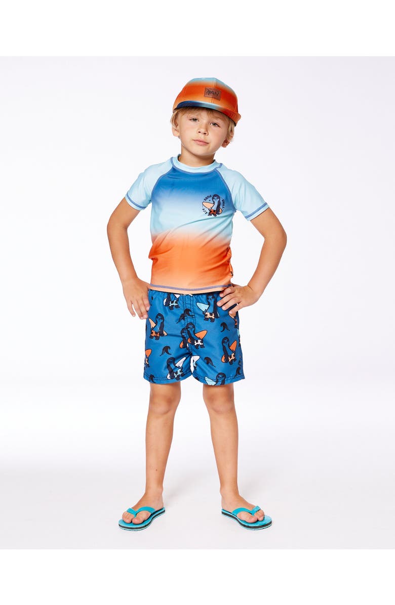 Deux par Deux Boy's Short Sleeve Rashguard Navy Blue, Turquoise, And Orange, Alternate, color, Navy Blue Turquoise And Orange