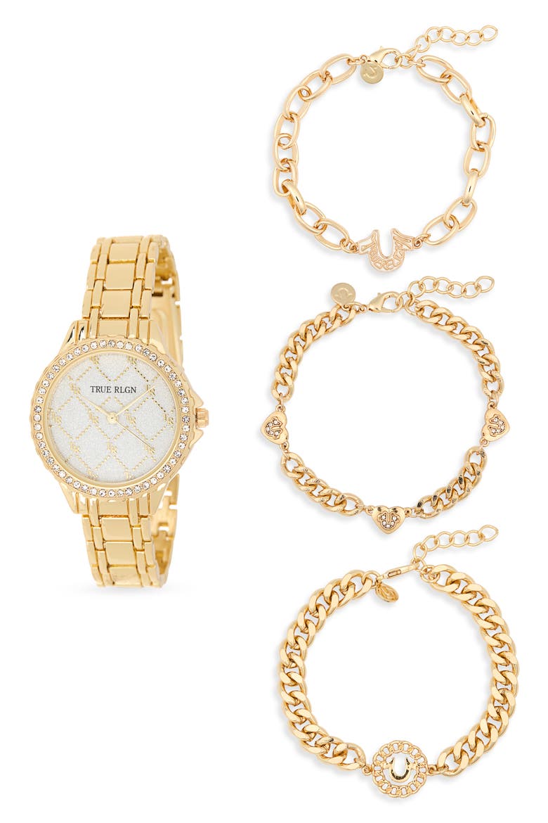 Logo Check Bracelet Watch, 33.9mm & Assorted Bracelets Set, Main, color, GOLD