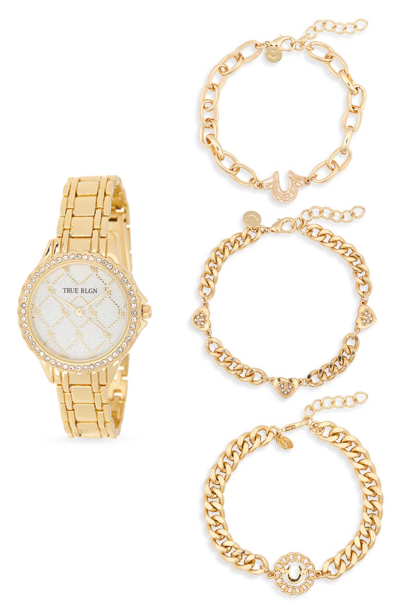 True Religion Logo Check Bracelet Watch, 33.9mm & Assorted Bracelets Set, Main, color, Gold