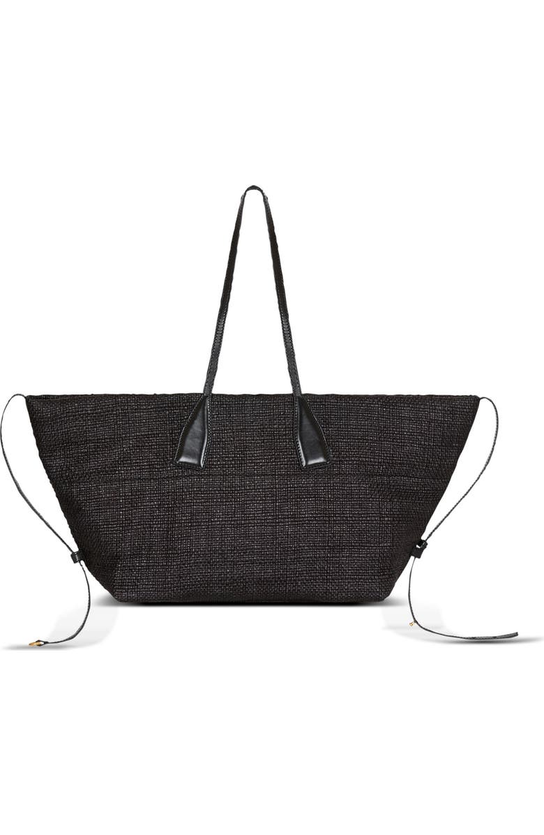 Balmain Track tote bag in raffia and calfskin, Alternate, color, Black